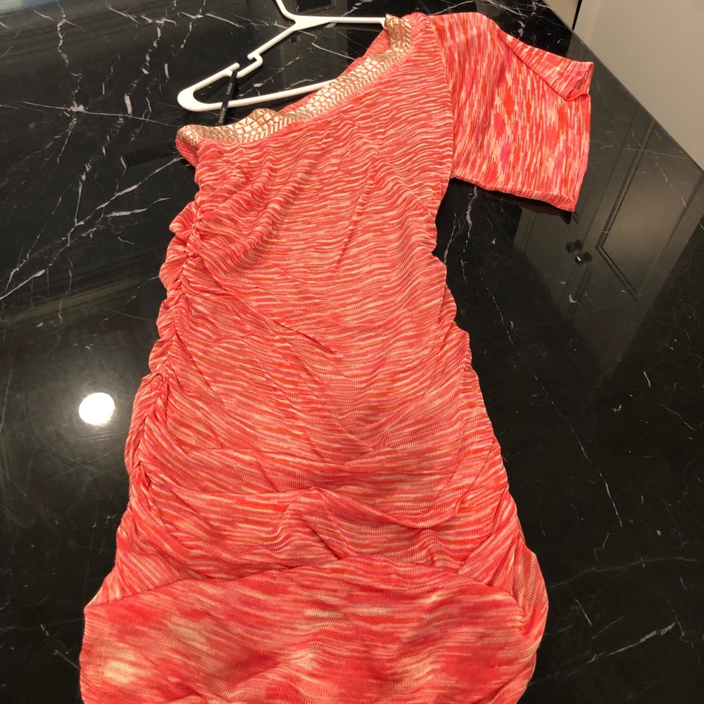 Bebe one shoulder salmon colored dress